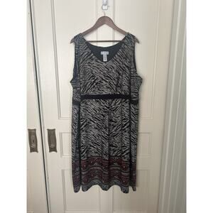 Catherines Geometric Midi Shift Dress Womens Size 4X Black Tan Classic Stretch